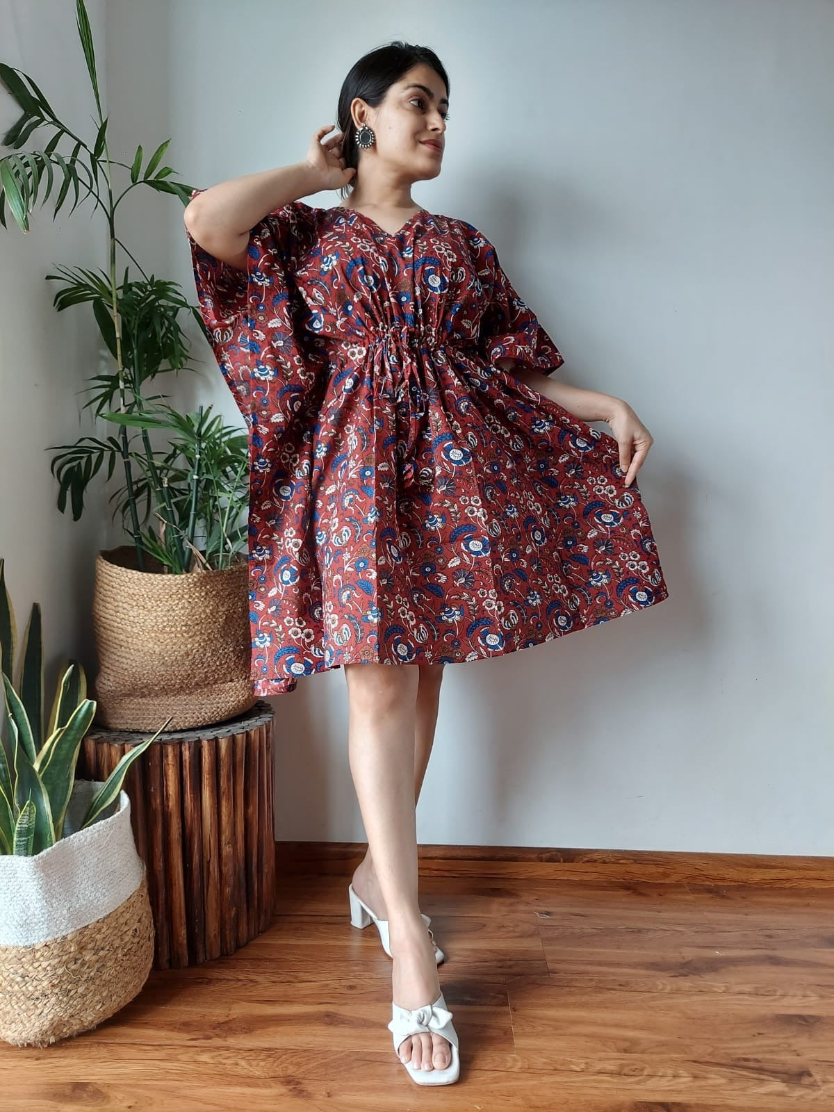 Hand Block Printed Free-Size Short Kaftan Dress Hand Block Printed Free-Size Short Kaftan Dress