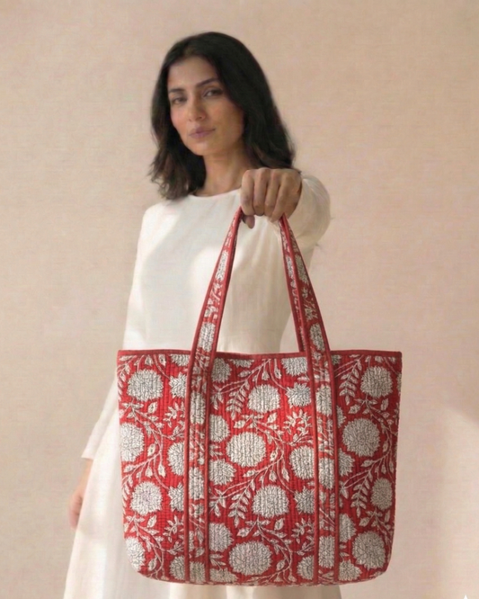 Red & White Tote Bag with Zip