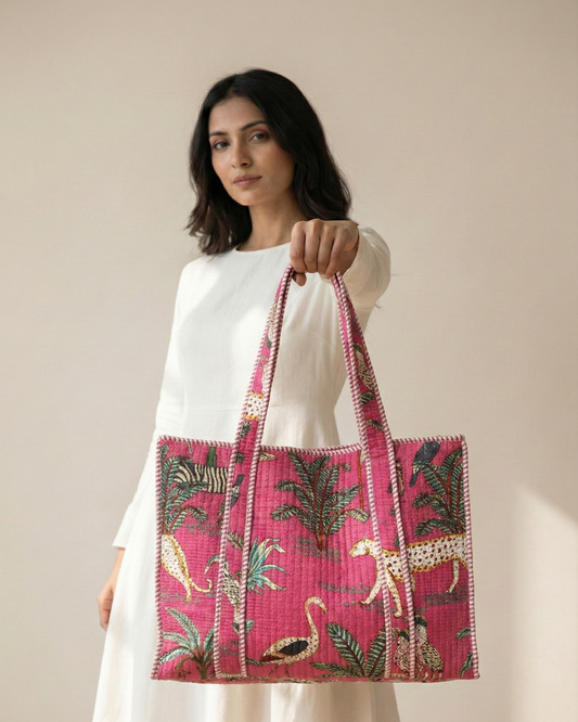 Pink Jungle Glow Tote Bag with Zip