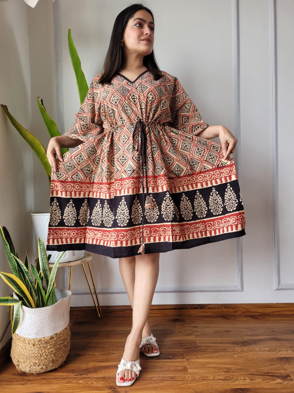 Hand Block Printed Free-Size Short Kaftan Dress Hand Block Printed Free-Size Short Kaftan Dress