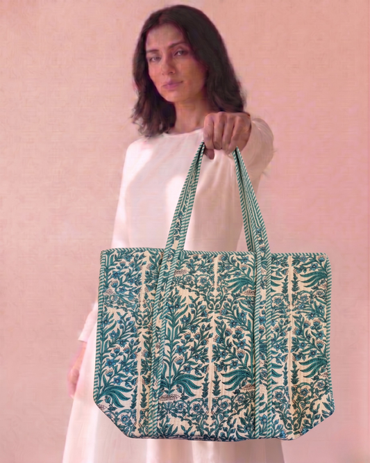 Emerald Bloom Tote Bag with Zip
