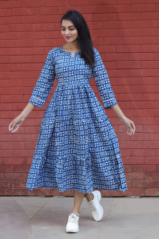Blue Waves Pure Cotton Dress With Pocket