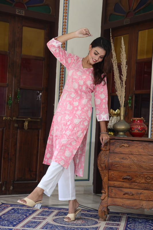 Blush Bloom Pure Cotton Long Kurti
