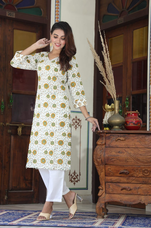 Lemon Meadow Pure Cotton Long Kurti