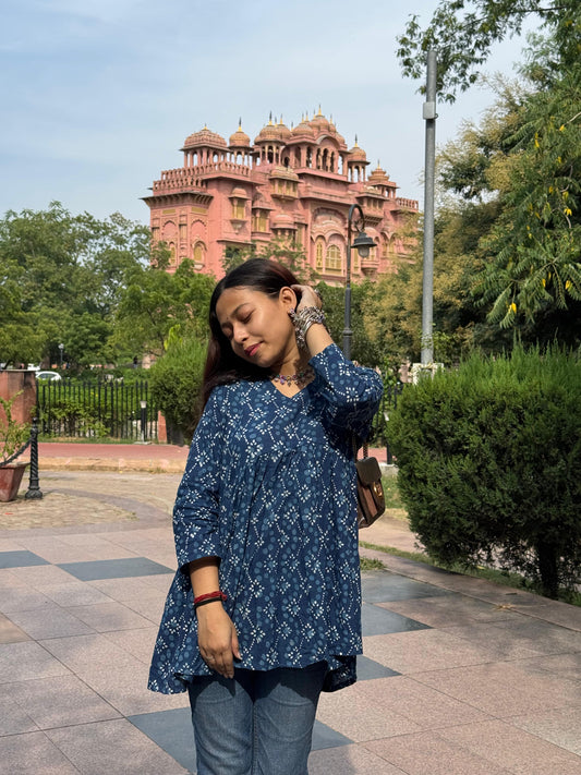Blooming Blue Pure Cotton Short Kurti