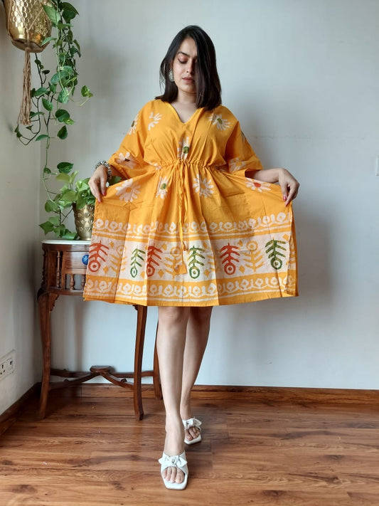 Hand Block Printed Free-Size Short Kaftan Dress