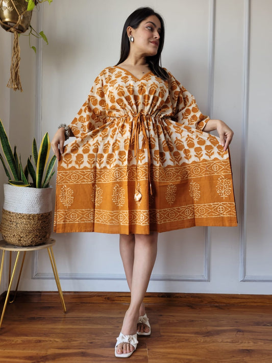 Hand Block Printed Free-Size Short Kaftan Dress