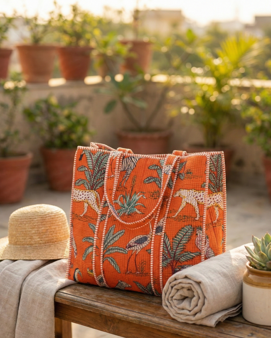 Orange Jungle Tote Bag with Zip