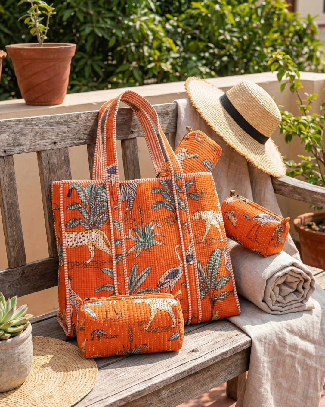 Orange Jungle Tote Bag with Zip