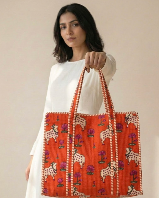 Orange Lotus Tote Bag with Zip