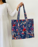 Navy Blue Floral Tote Bag with Zip