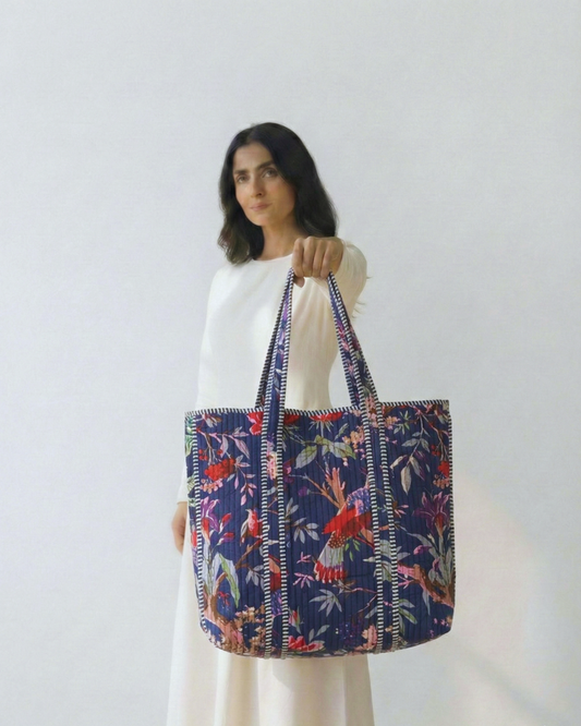 Navy Blue Floral Tote Bag with Zip