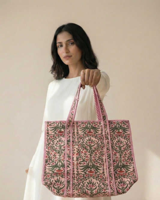 Pink Floral Tote Bag with Zip