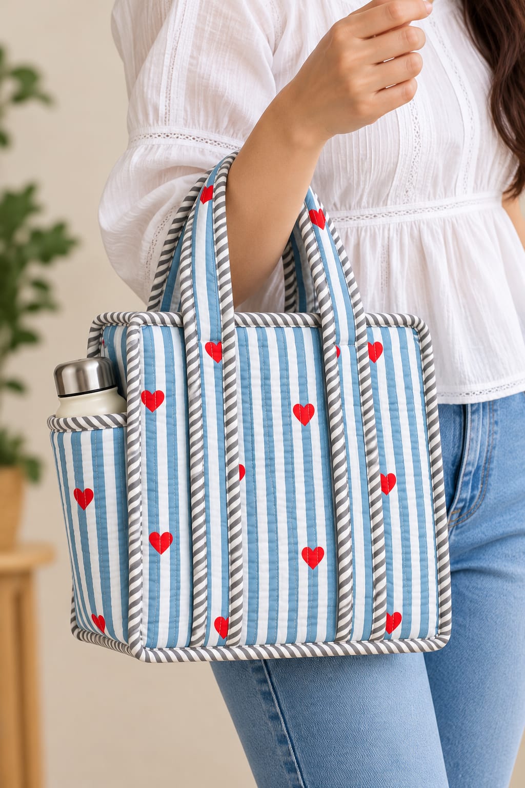 Blue Hearty · Quilted Cotton Tote Bag