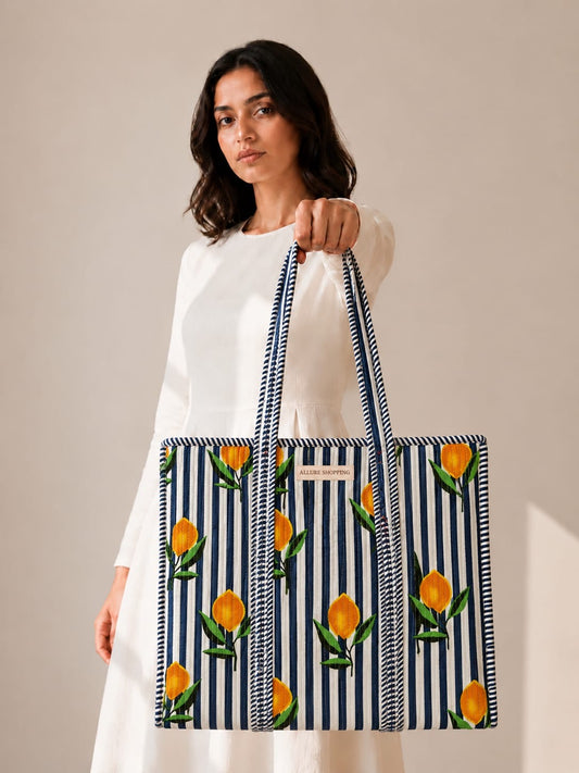 Lemony Striped Tote Bag with Zip