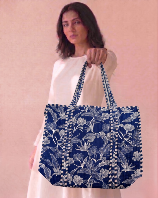 Indigo Bloom Tote Bag with Zip