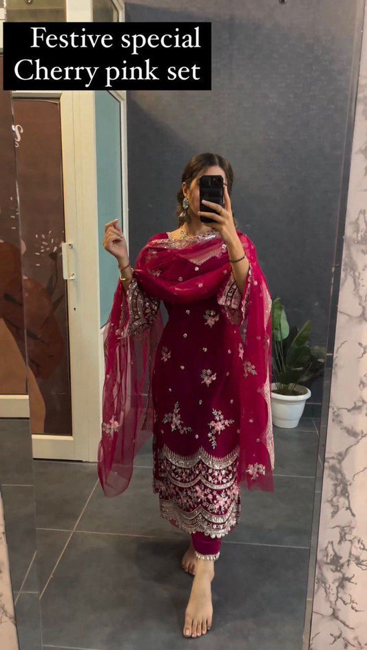Cherry Pink Georgette Sequined Ensemble