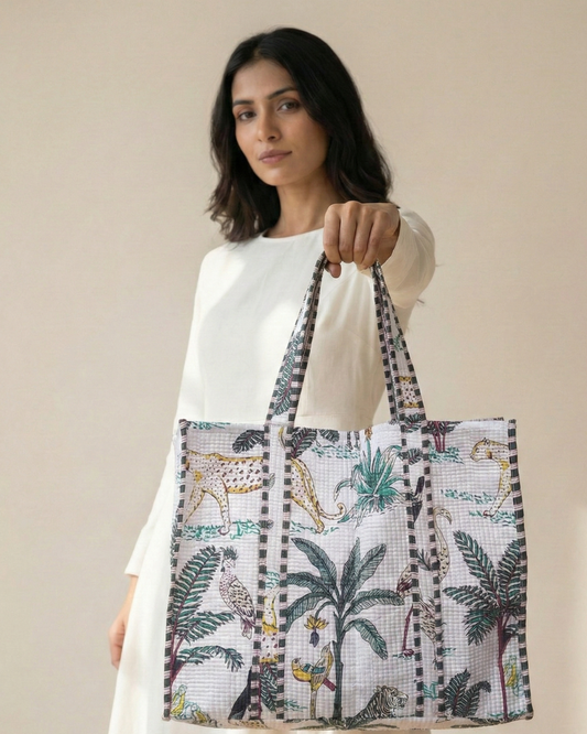 White Jungle Glow Tote Bag with Zip