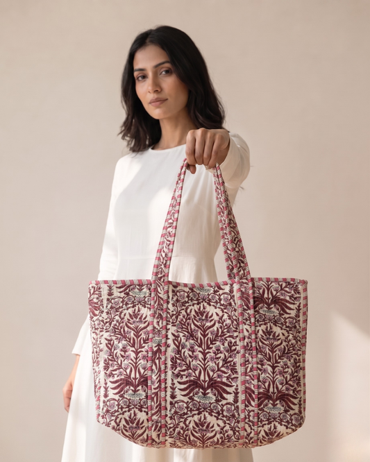 Phoolwari Quilted Tote Bag with Zip