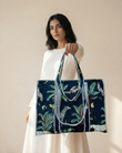 Moonlit Blue Quilted Tote Bag with Zip