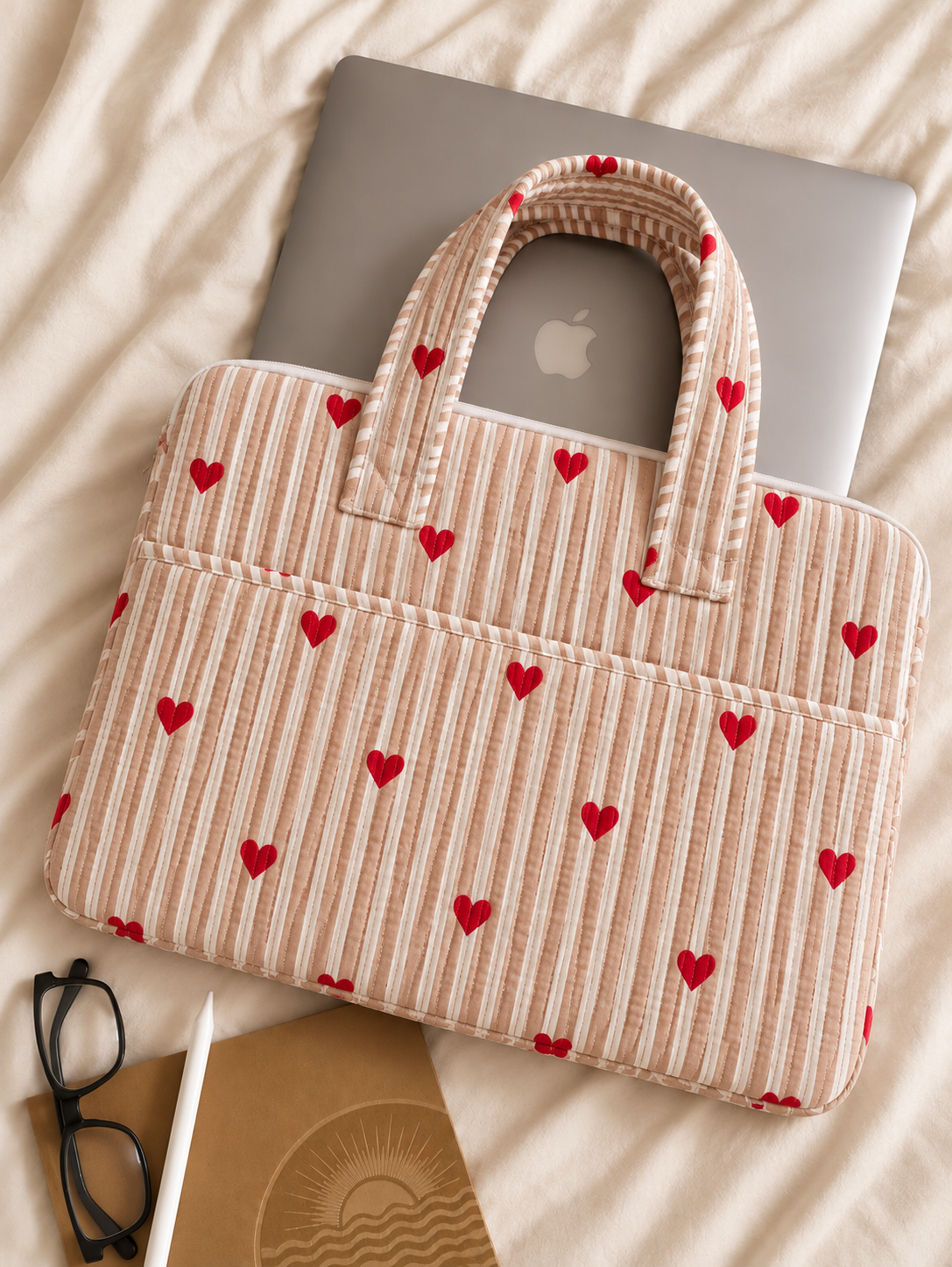 Beige Heart · Quilted Cotton Laptop Sleeve