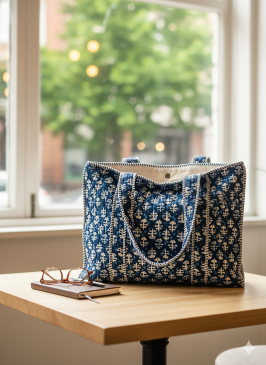Indigo Petal Quilted Tote Bag with Zip