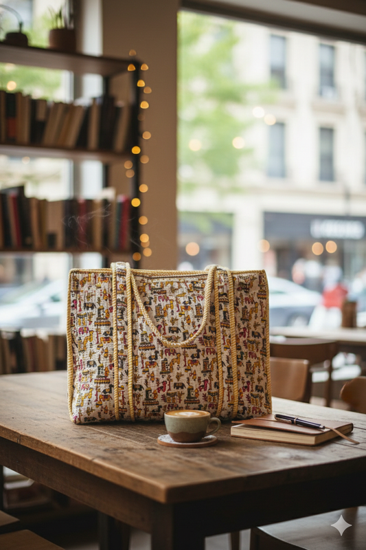 Safed Gul Quilted Tote Bag with Zip