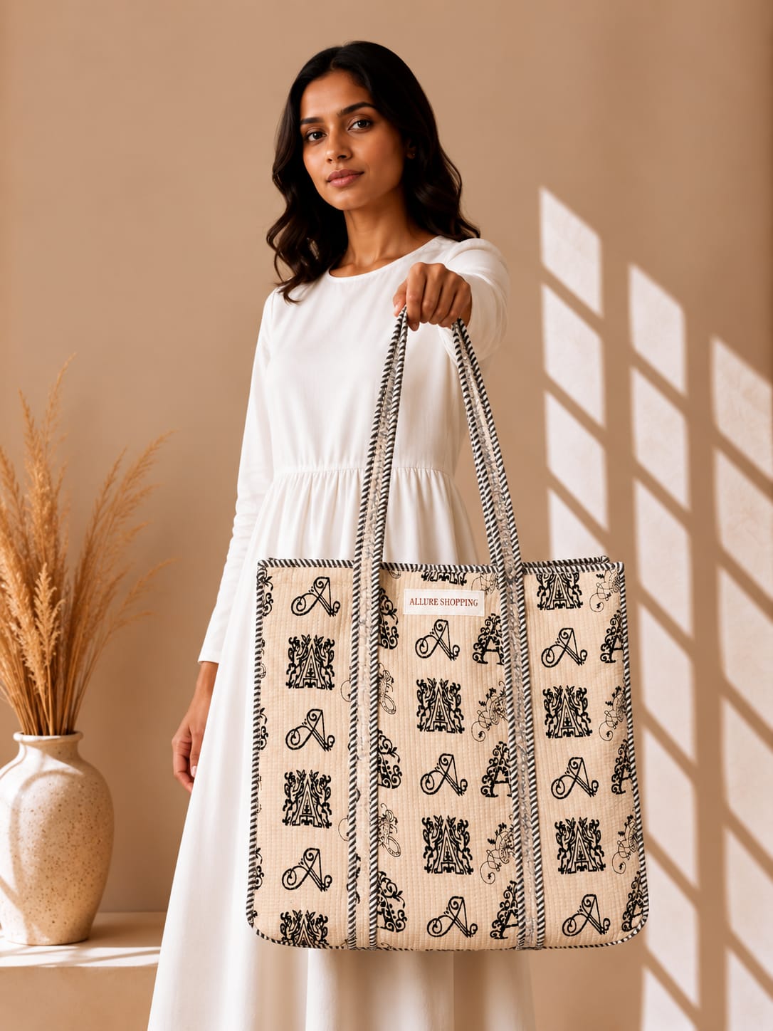White & Black Tote Bag with Zip