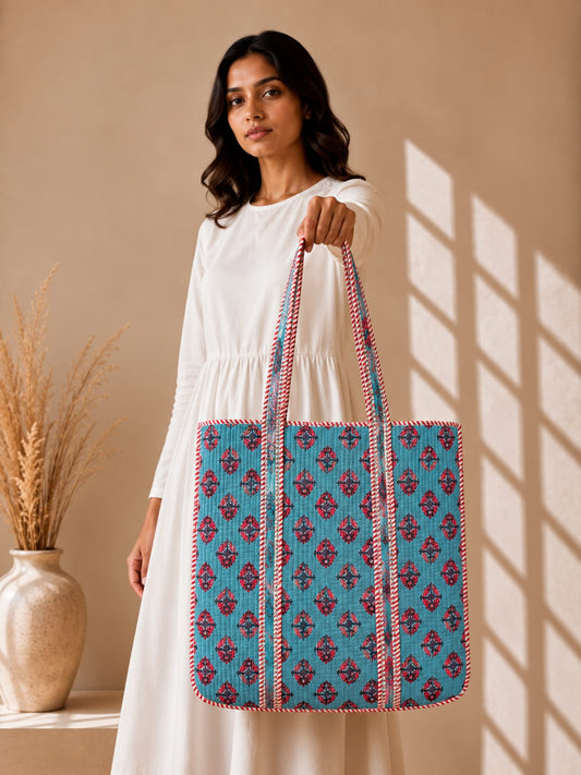 Blue Floral Tote Bag with Zip