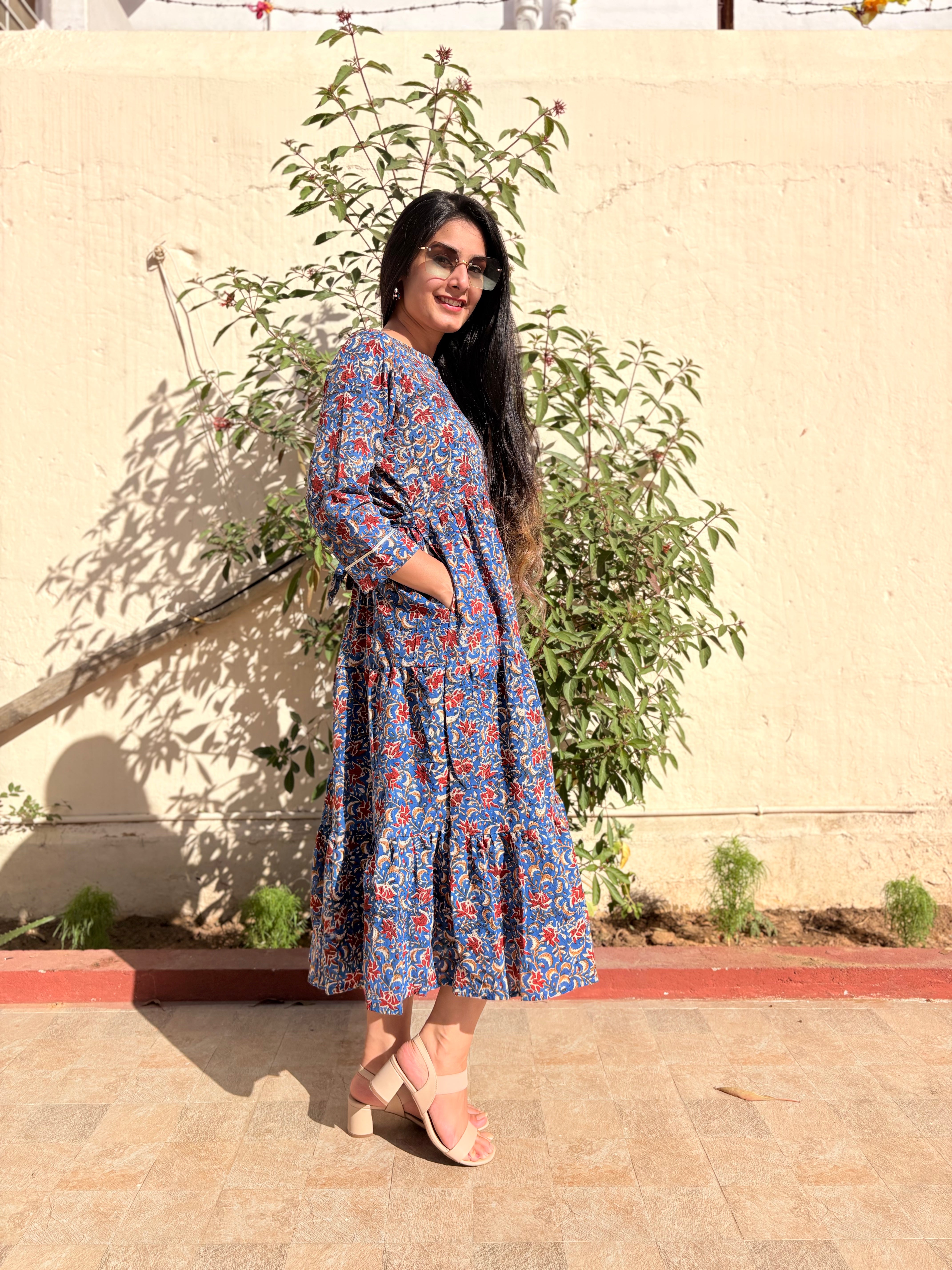 Blue Cherry Blossom Pure Cotton Dress With Pocket