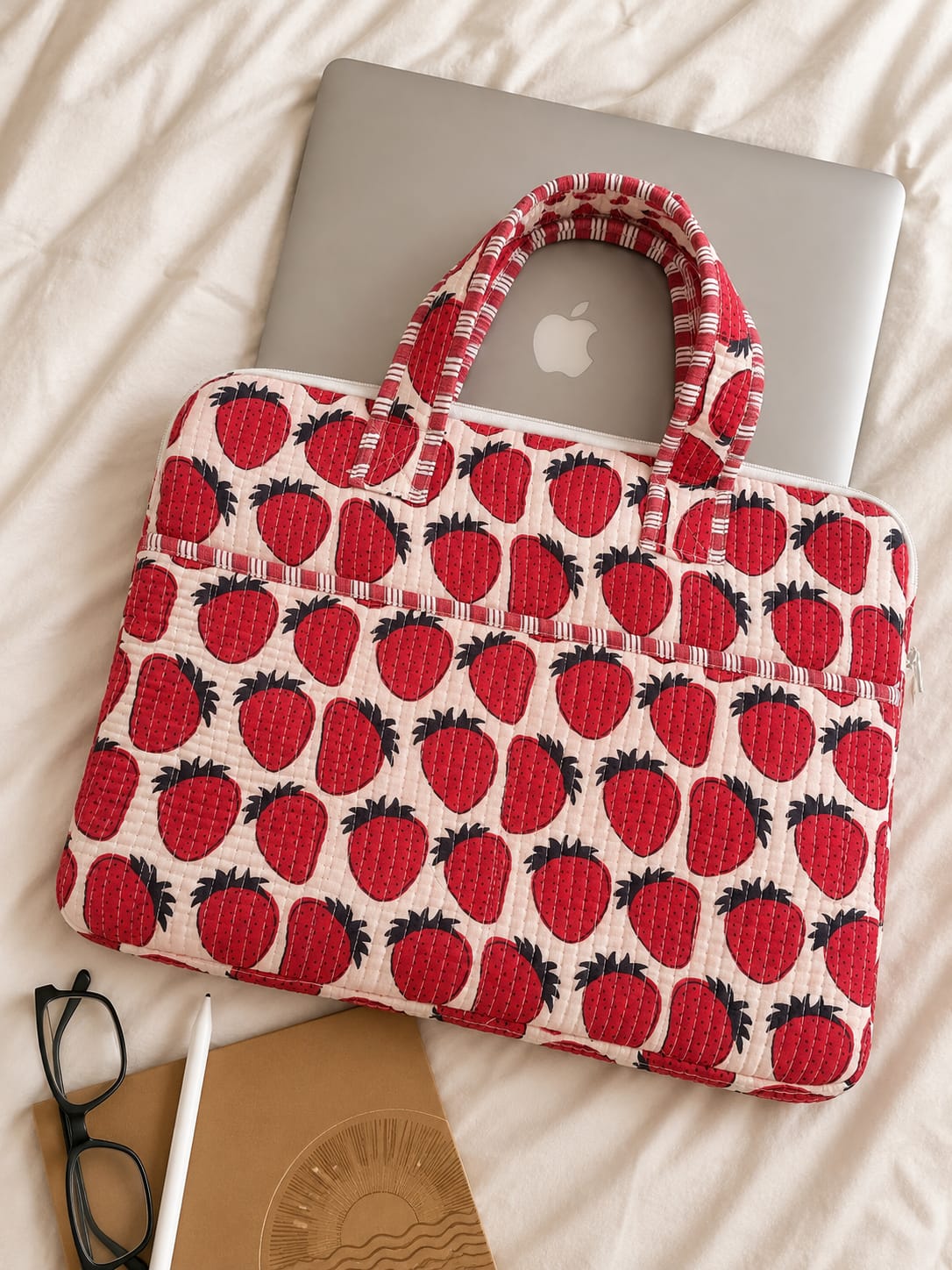 Strawberry Picking · Quilted Cotton Laptop Sleeve