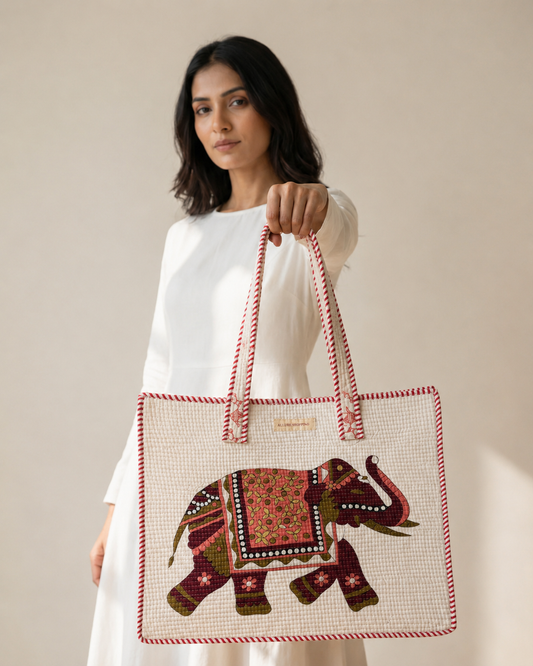 Rajwadi Elephant Tote Bag with Zip