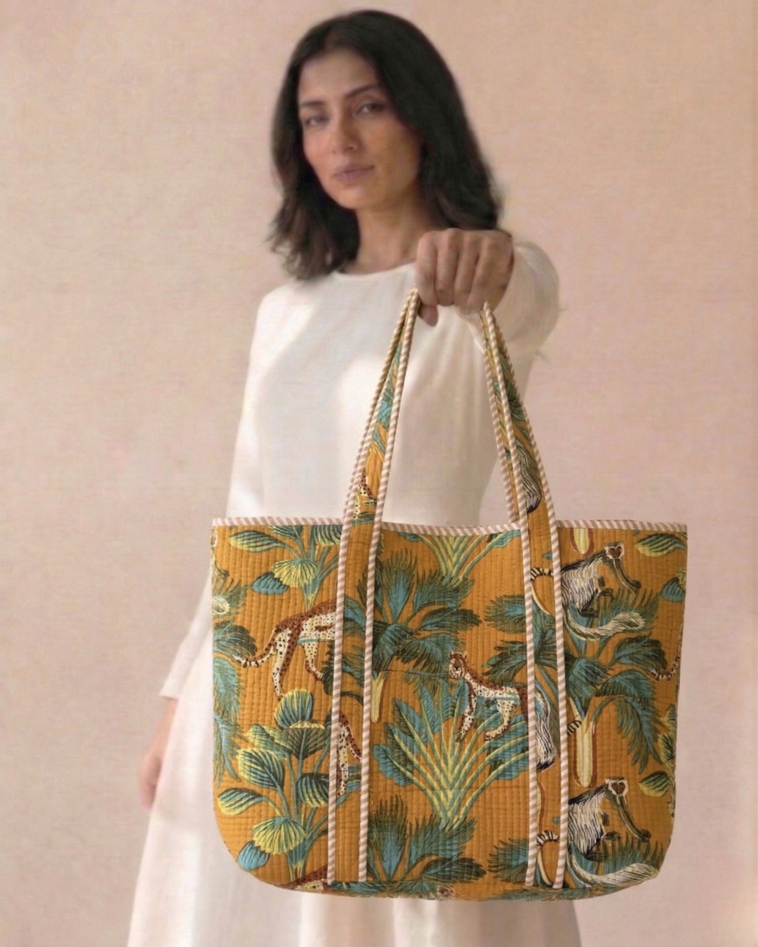 Mustard Yellow Animal Tote Bag with Zip