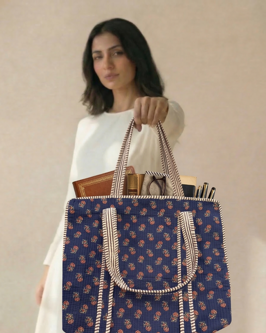 Indigo Bloom Tote Bag with Zip