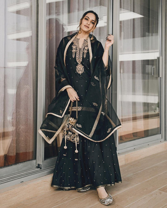 Ready-to-Wear Chinnon Silk Set with Heavy Embroidery and Sequin Detailing