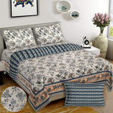 Jumbo Size Pure Hand Block Super King Size Cotton Bedsheets with 2 Zipped Reversible Pillow Covers