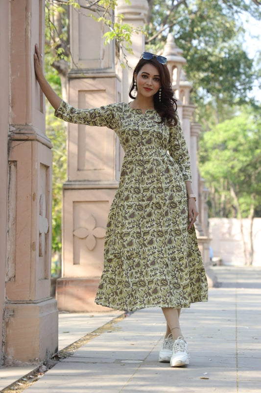 Olive Bloom Pure Cotton Dress With Pocket