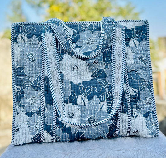 Blue Meadow Quilted Tote Bag with Zip