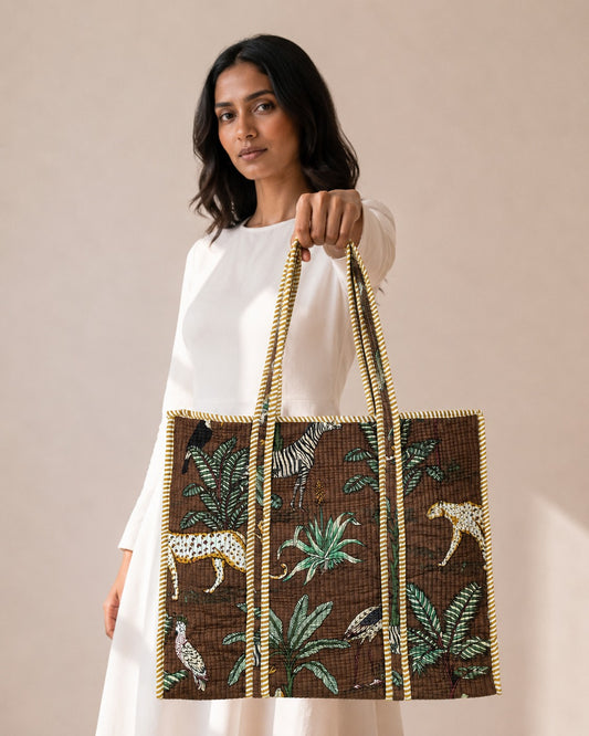 Brown Jungle Tote Bag with Zip