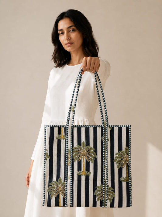 Blossom Black & White Tote Bag with Zip