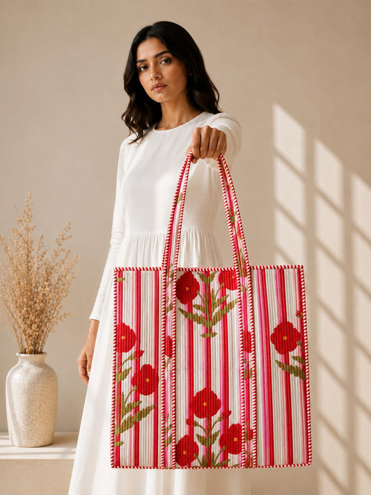 Pink & White Tote Bag with Zip