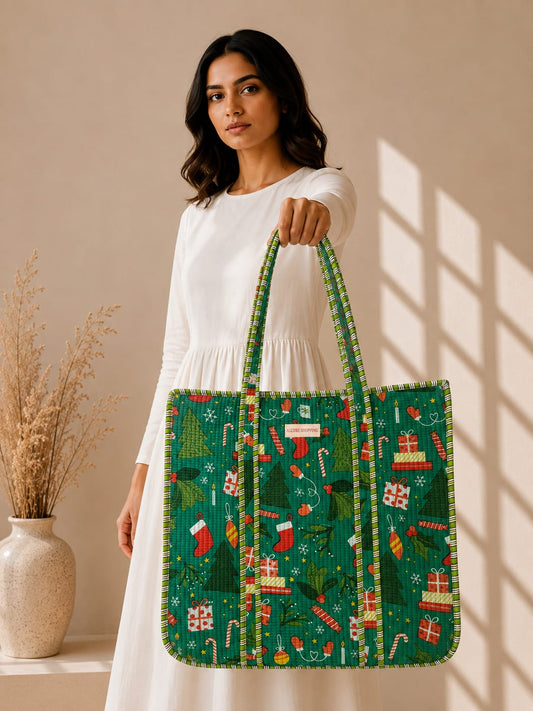 Christmasy Quilted Tote Bag with Zip - 16 inches