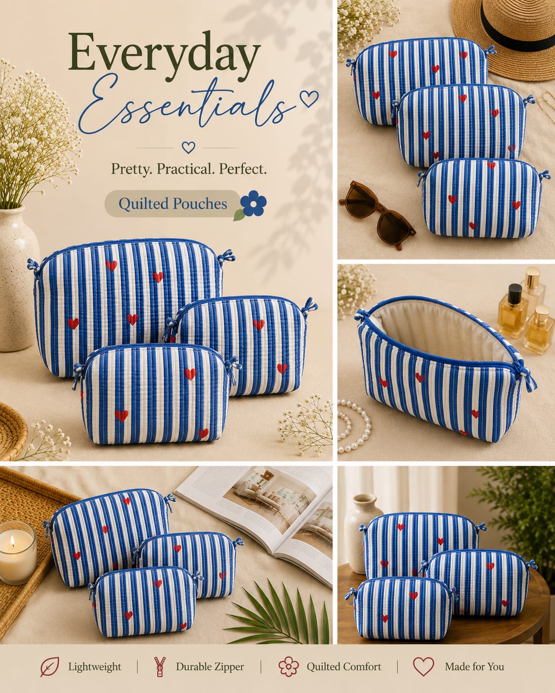 Blue Heart Shaped Set of 3 Pouches