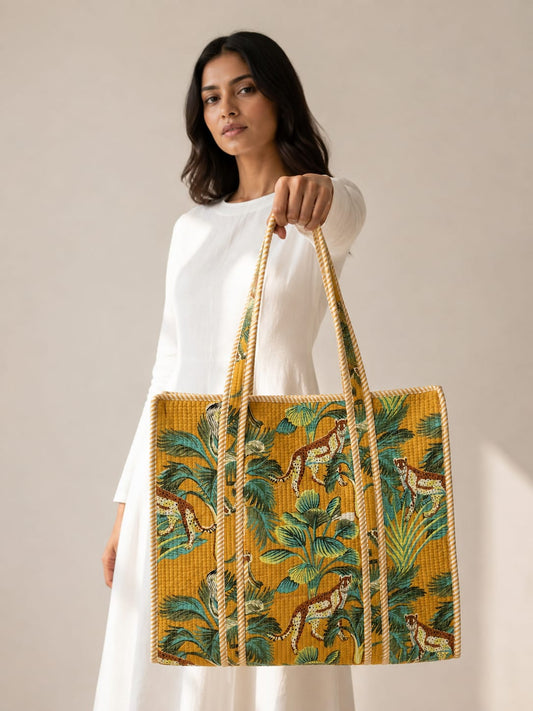 Mustard Yellow Animal Tote Bag with Zip