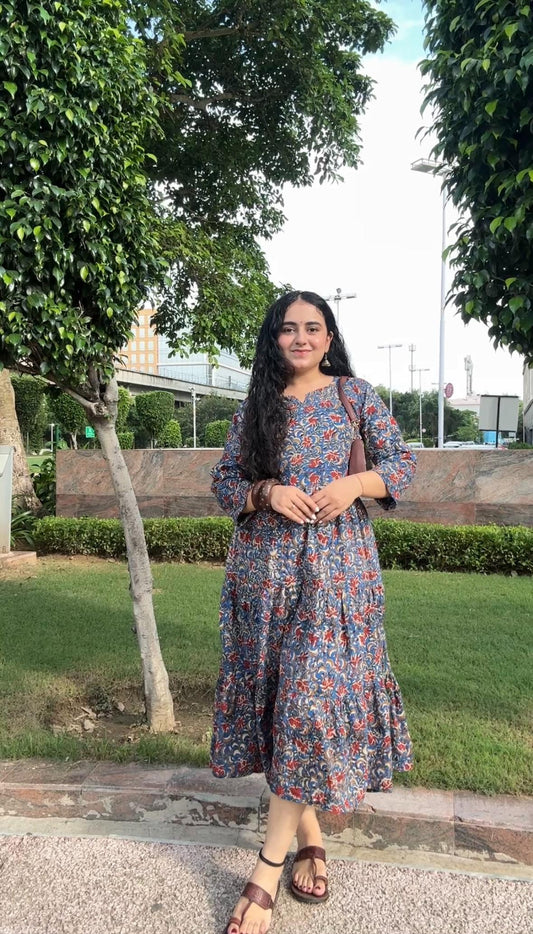 Blue Cherry Blossom Pure Cotton Dress With Pocket