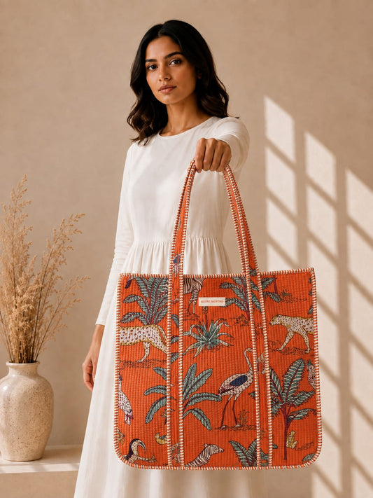 Orange Jungle Tote Bag with Zip
