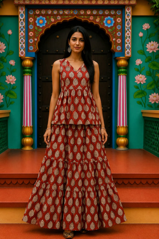 Aabroo Bagru hand-block cotton pepulam top and skirt set