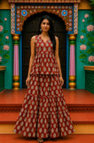 Aabroo Bagru hand-block cotton pepulam top and skirt set