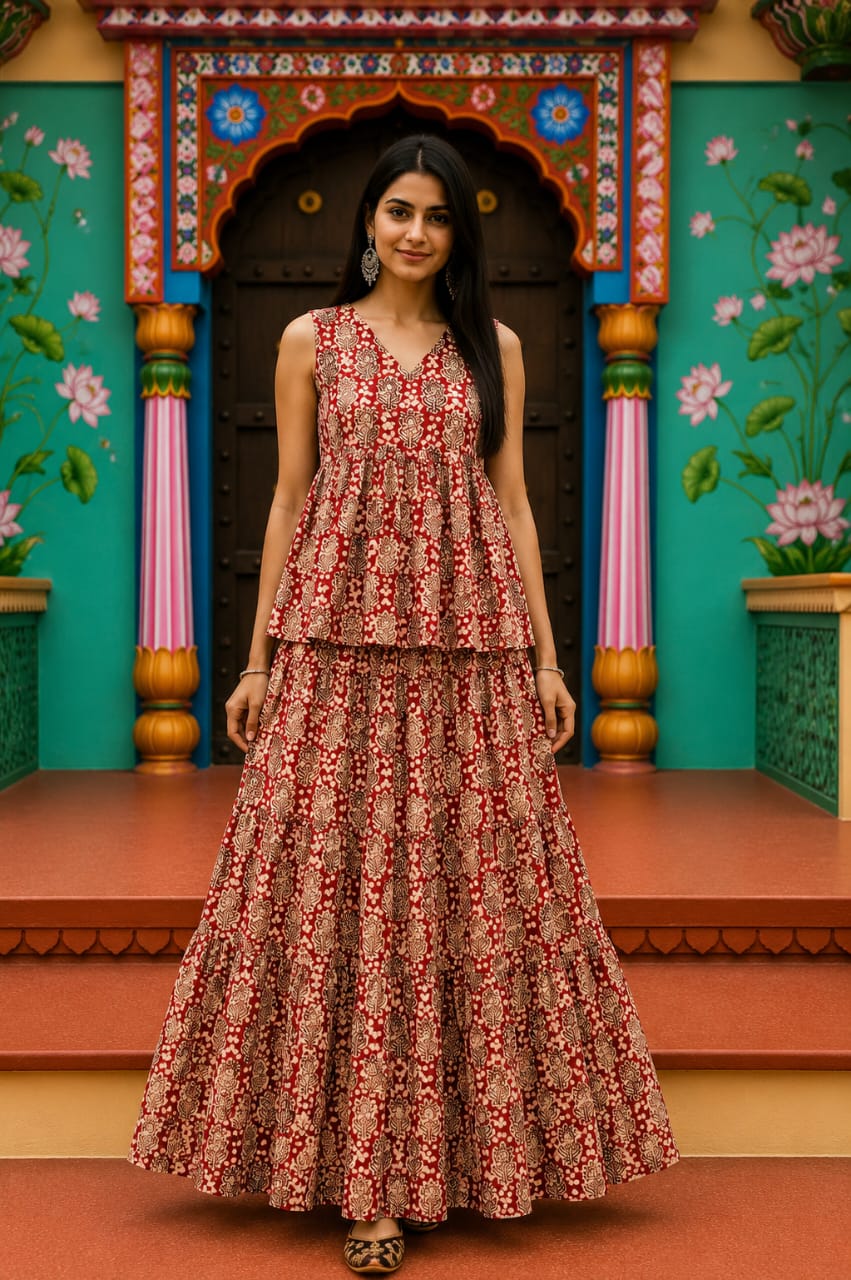 Anaarkali Bagru hand-block cotton pepulam top and skirt set