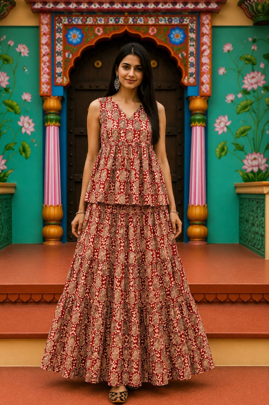 Anaarkali Bagru hand-block cotton pepulam top and skirt set